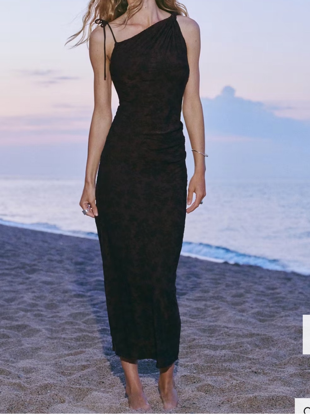 Mango One-Shoulder Brown Dress with Black Lace Overlay 4087
